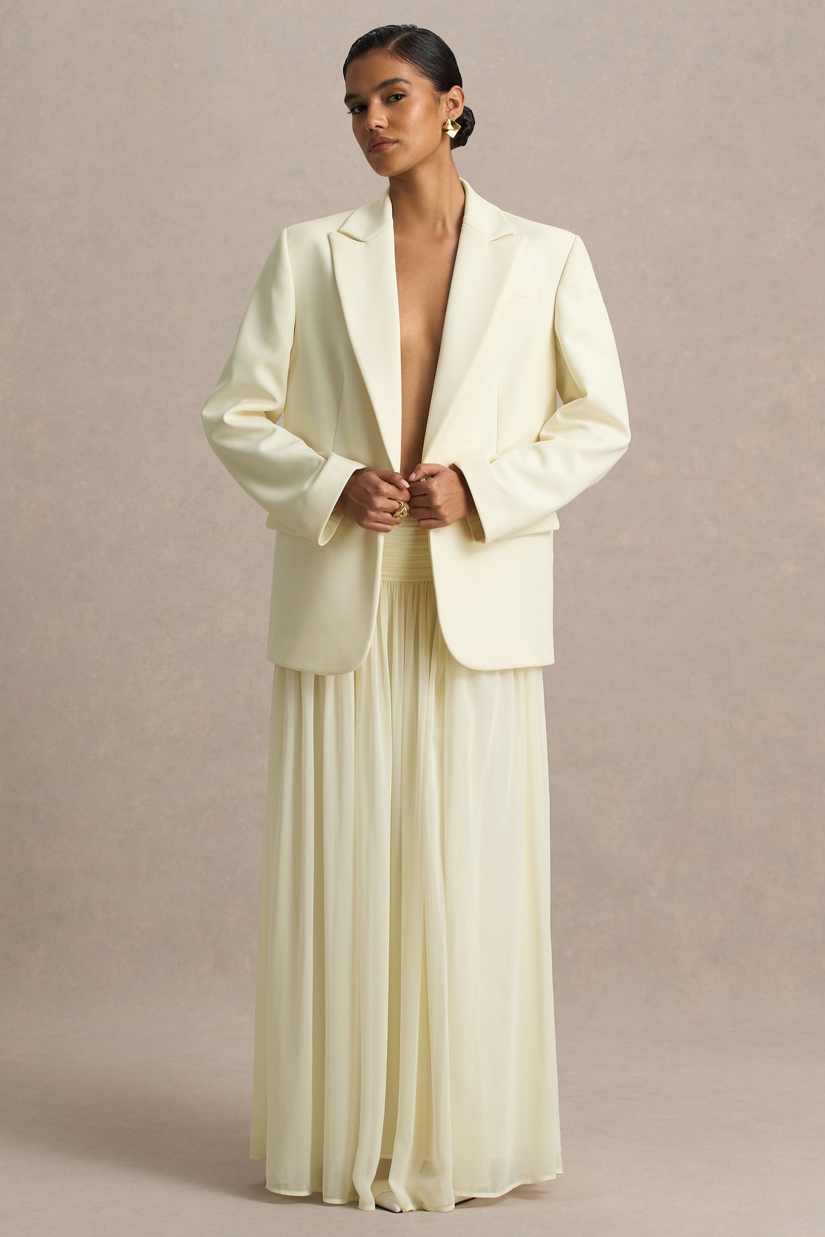 Spencer | Falda Larga Plisada en Chifón Color Crema
