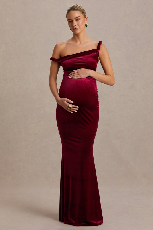 Tallulah | Vestido Largo de Terciopelo Burdeos con Escote Asimétrico y Manga Retorcida