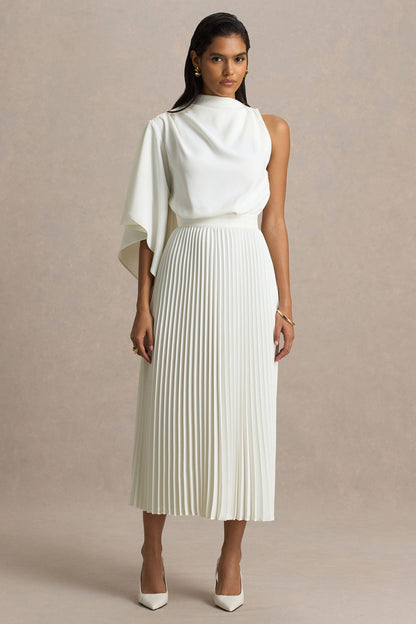 Jimena | Vestido Midi En Color Crema De Manga Larga con Cuello Alto y Detalles Plisados