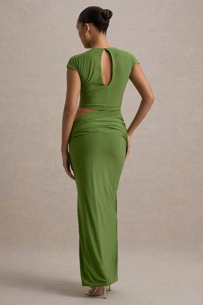 Pia | Vestido largo Verde de Manga Corta con Abertura