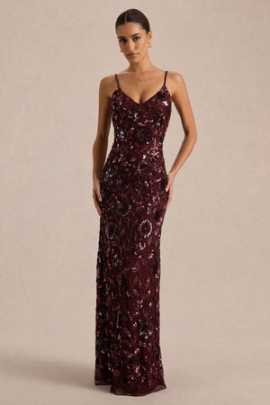 Gemini | Vestido Largo burdeos con estampado floral embellecido y tirantes