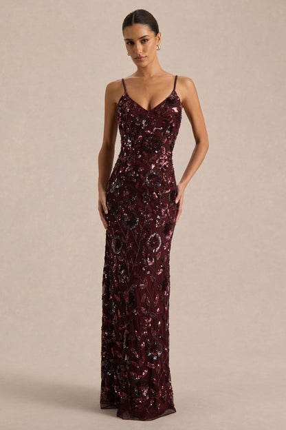 Gemini | Vestido Largo burdeos con estampado floral embellecido y tirantes