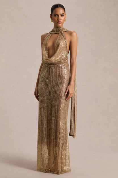 Anele | Vestido Largo de Lentejuelas Doradas, Cuello Alto y Espalda Abierta con Fajín