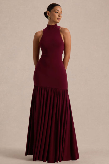 Tasmin | Vestido Largo color Burdeos con Cuello Alto y Cintura Caída