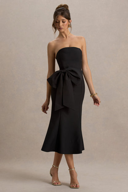 To Me | Vestido Midi Negro con escote Bandeau y lazo Oversized