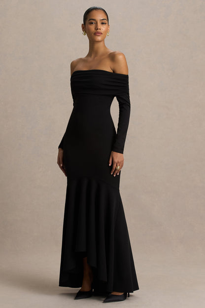 Everlasting | Vestido Largo Negro de Escote Bardot con Cintura Caída