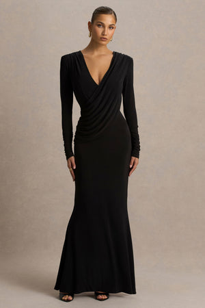 Daphira | Vestido Largo Negro con Escote En V Profundo Extremo