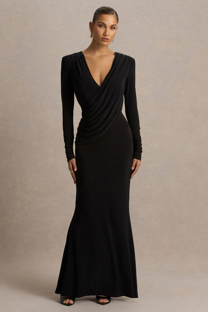 Daphira | Vestido Largo Negro con Escote En V Profundo Extremo