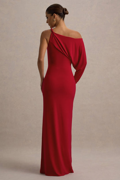 Floria | Vestido rojo largo con una manga drapeada y escote asimétrico