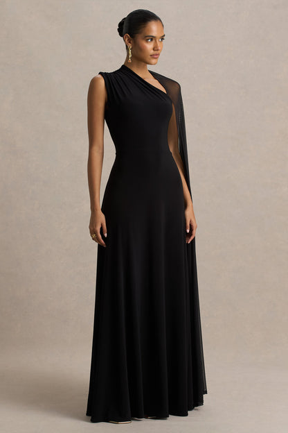 Selena | Vestido largo negro de tul con manga tipo capa