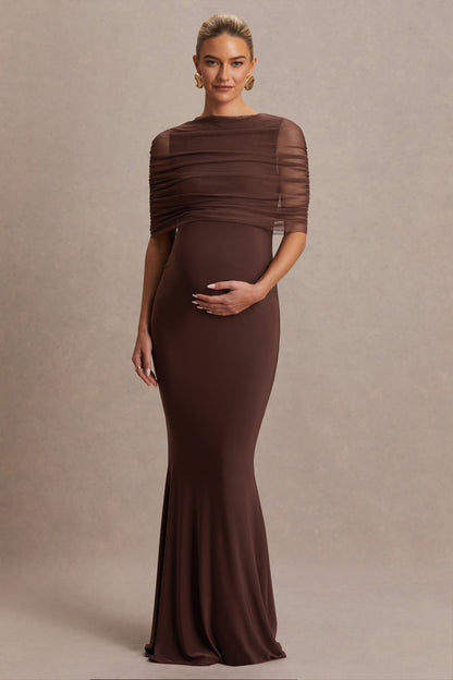 Zaria | Vestido Largo Marrón con Escote Redondo y Capa Superpuesta
