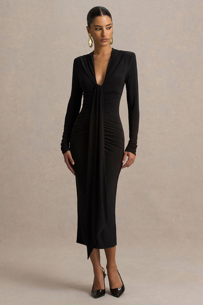 Ivara | Vestido Largo Negro con Escote Profundo, Detalles Fruncidos y Detalle de fajín