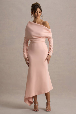 Lou | Vestido largo rosa con mangas largas y dobladillo asimétrico