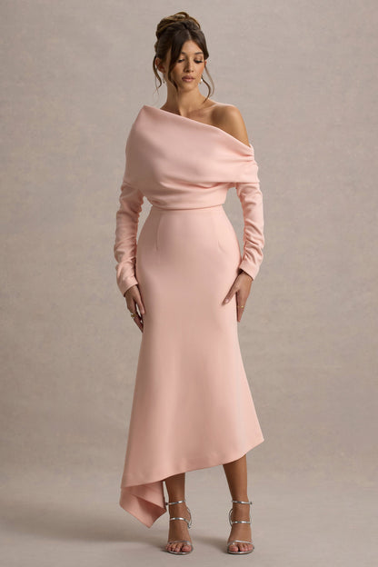 Lou | Vestido largo rosa con mangas largas y dobladillo asimétrico