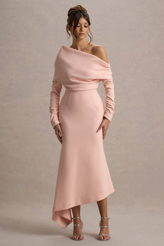 Lou | Vestido largo rosa con mangas largas y dobladillo asimétrico