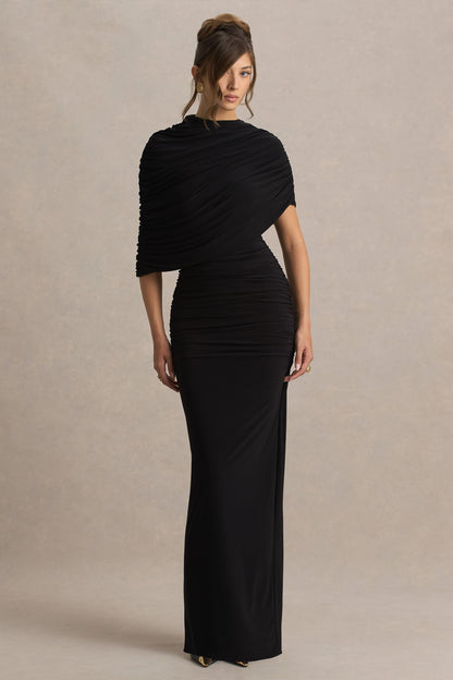 Glitz | Vestido largo en Negro con Escote Alto, Manga Capa y Detalle Fruncido