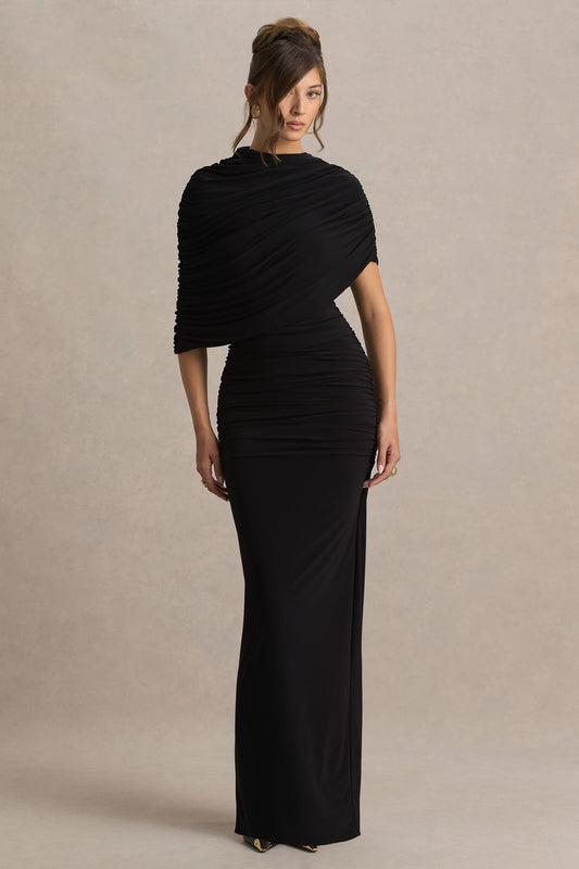 Glitz | Vestido largo en Negro con Escote Alto, Manga Capa y Detalle Fruncido