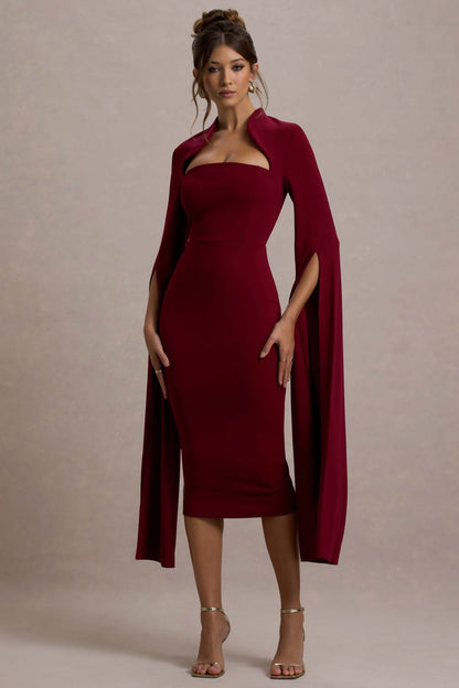 Linden | Vestido midi ajustado al cuerpo con mangas capa en color baya