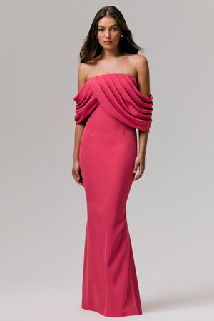 Serene | Vestido Largo Bardot drapeado en rosa intenso