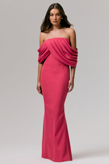 Serene | Vestido Largo Bardot drapeado en rosa intenso