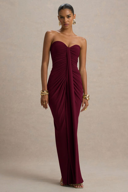 Ali | Vestido Largo Burdeos con Escote Corazón, Drapeado y Lazo