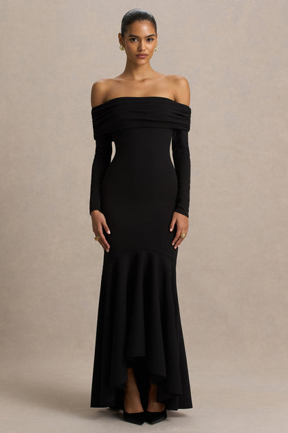 Everlasting | Vestido Largo Negro de Escote Bardot con Cintura Caída