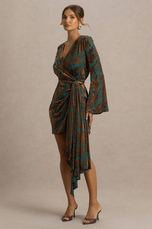 Dimitra | Vestido Corto cruzado de terciopelo devoré en verde oscuro y marrón con escote pronunciado