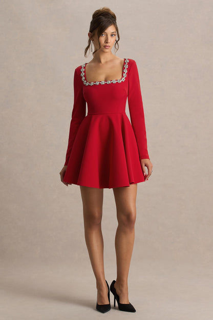 Astonish | Vestido Corto Rojo De Manga Larga Con Pedrería y Falda Voluminosa