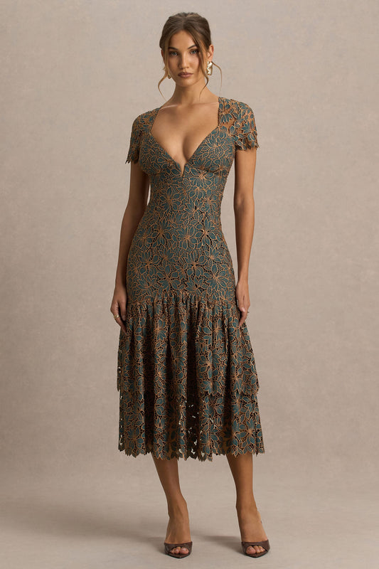 Sabrina | Vestido Midi Bordado en Verde Oscuro y Óxido con Escote Pronunciado