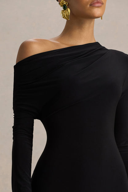 Isola | Vestido Midi Negro con Escote Asimétrico y Cintura Caída