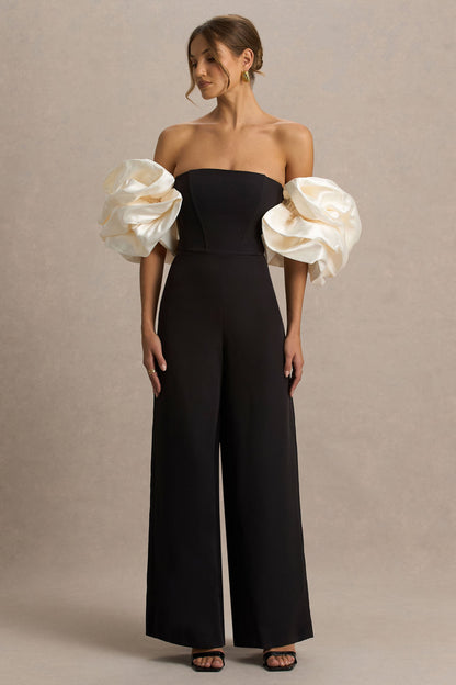 Panama | Mono Negro Con Escote Bardot y Mangas Abullonadas en Crema