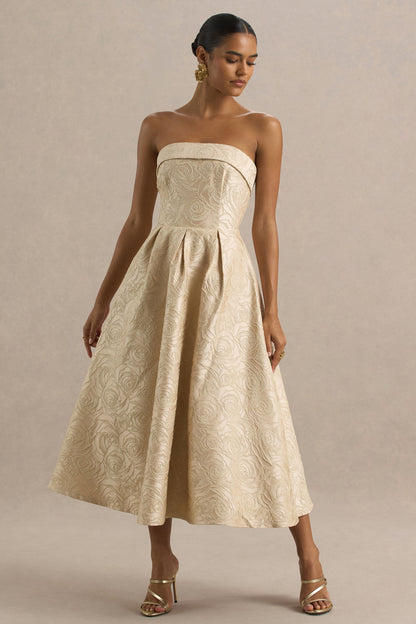 Hypnotic | Vestido Midi Dorado de Jacquard con Escote Bandeau y falda plisada