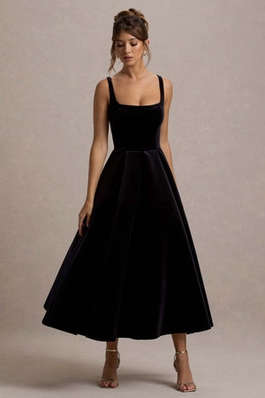 Francisca | Vestido Midi en terciopelo negro con falda plisada y volumen
