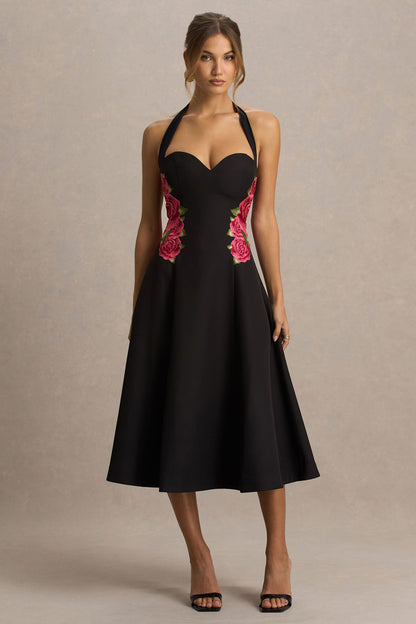 Tillie | Vestido Midi Negro con Escote Halter