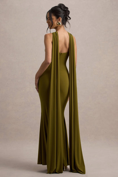 Rhoda | Vestido largo verde con escote halter y  banda decorativa