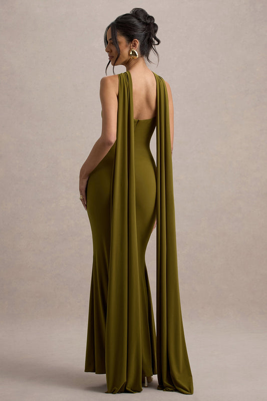 Rhoda | Vestido largo verde con escote halter y  banda decorativa