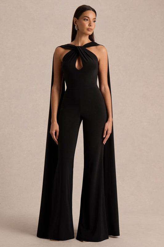 Mindy | Mono Negro con Escote Halter y Capa