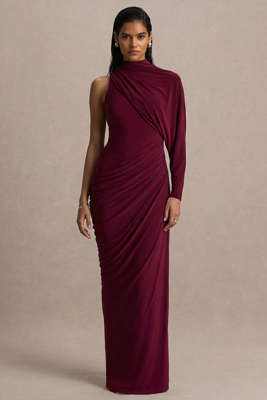 Aphra | Vestido Largo burdeos con escote alto y manga capa