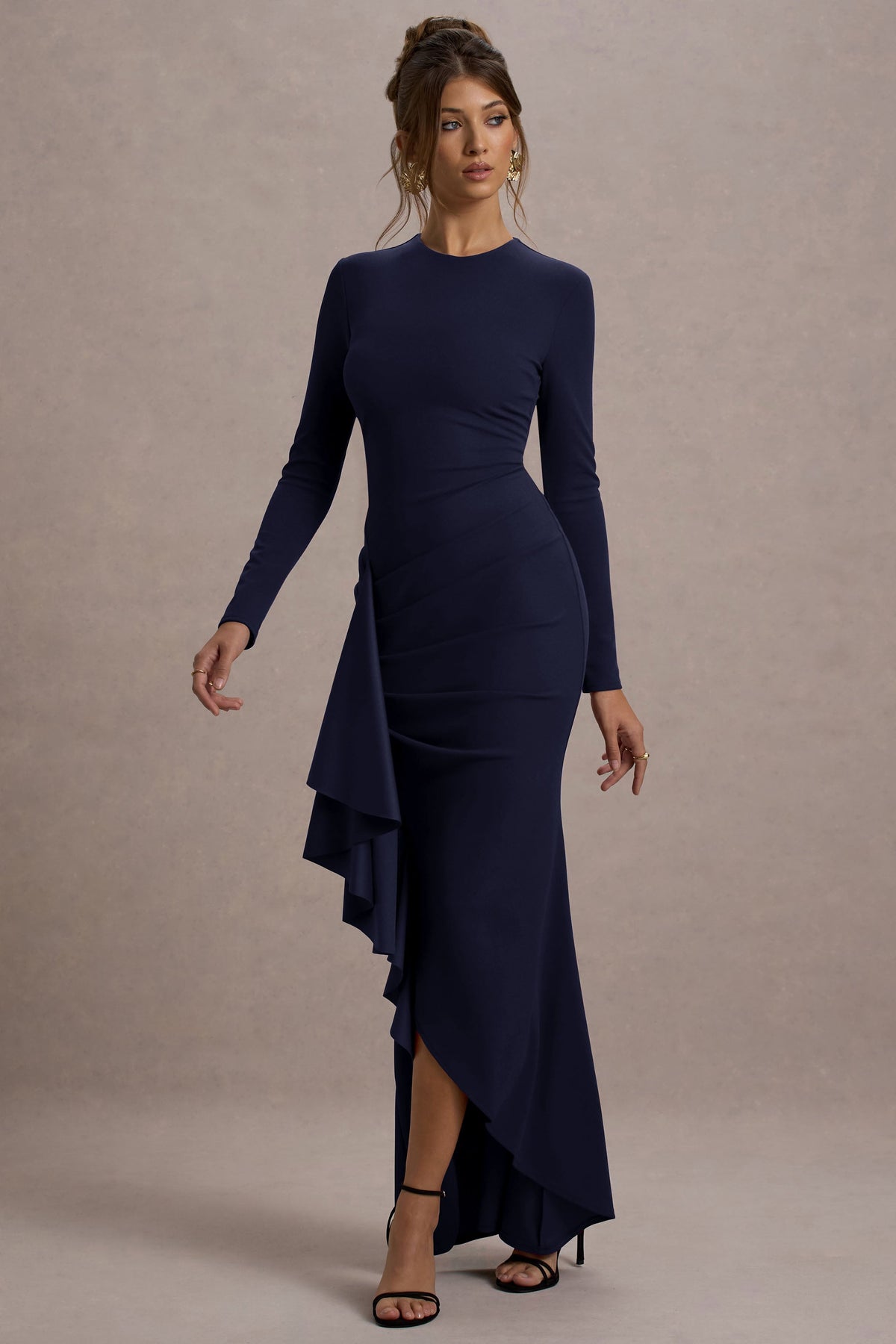 Alayna | Vestido largo ajustado al cuerpo de manga larga con volante lateral en color azul oscuro