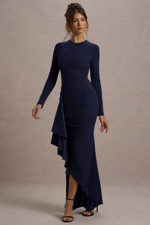 Alayna | Vestido largo ajustado al cuerpo de manga larga con volante lateral en color azul oscuro