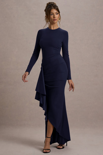 Alayna | Vestido largo ajustado al cuerpo de manga larga con volante lateral en color azul oscuro