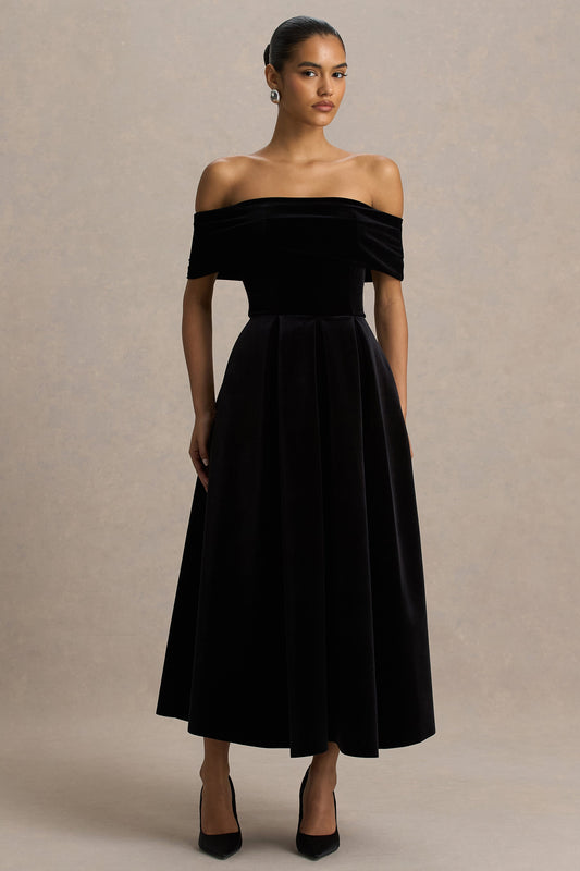 Ablaze | Vestido Midi Negro Con Escote Bardot