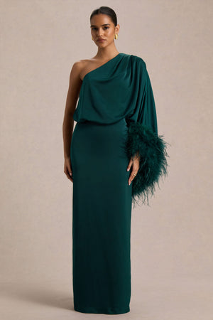 Felicity | Vestido Largo Verde Azulado de Satén con Escote Asimétrico, Plumas y Detalles Fruncidos