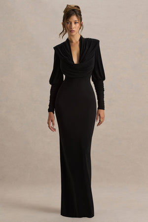 Kaylee | Vestido largo negro con mangas largas y escote profundo