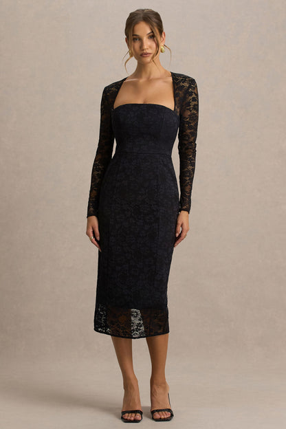 Alissa | Vestido midi de encaje negro con escote cuadrado