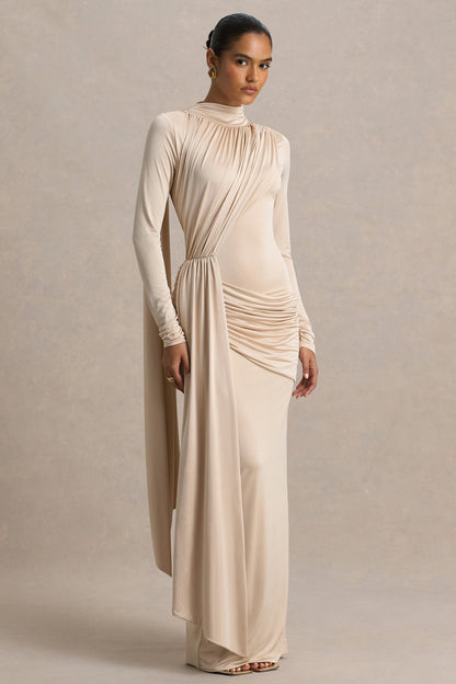 Romi | Vestido Largo Champán Con Escote Alto y Detalle Fruncido