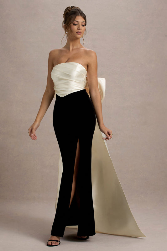 Take A Bow | Vestido largo de terciopelo en negro y lazada en color crema