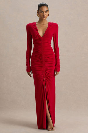 Jewel | Vestido Largo Rojo con Escote Pronunciado Abertura Frontal y Detalles Fruncidos