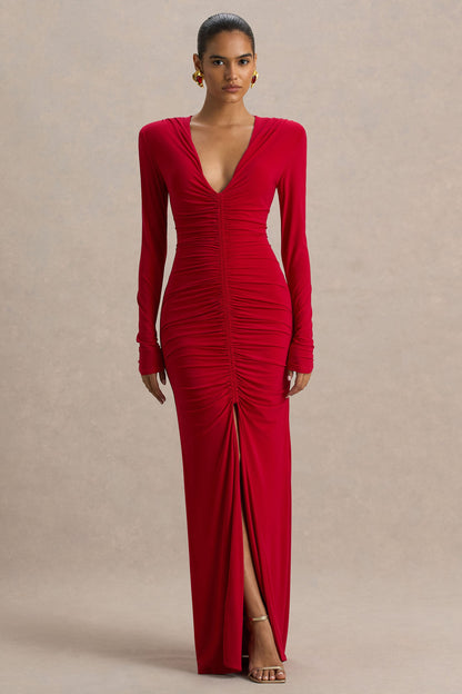 Jewel | Vestido Largo Rojo con Escote Pronunciado Abertura Frontal y Detalles Fruncidos