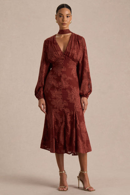 Sabina | Vestido midi devoré color óxido con escote pronunciado